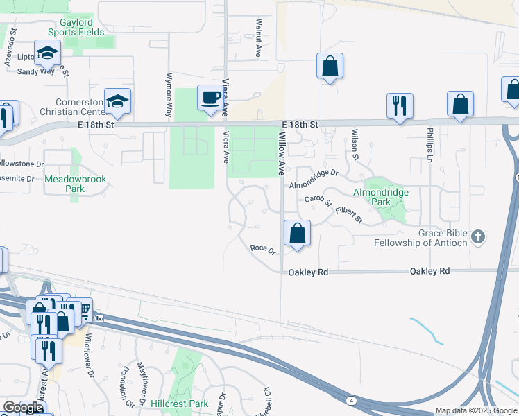 map of restaurants, bars, coffee shops, grocery stores, and more near 2524 Brazil Court in Antioch