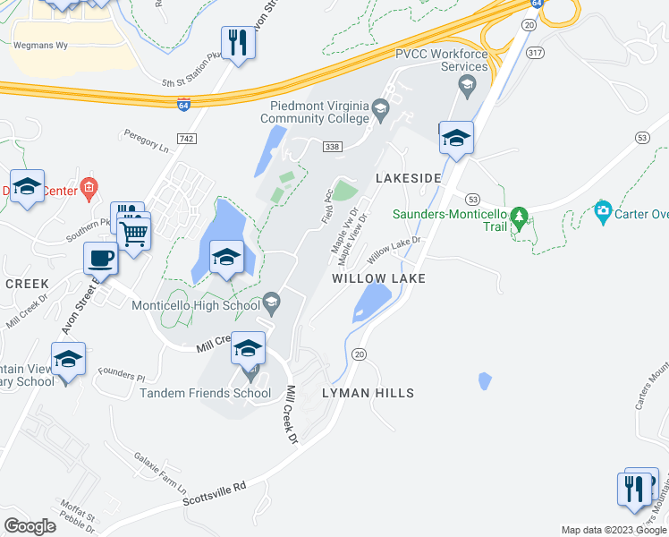 map of restaurants, bars, coffee shops, grocery stores, and more near 1294 Maple View Drive in Charlottesville