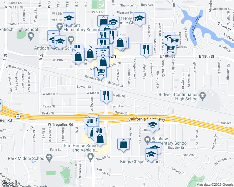 map of restaurants, bars, coffee shops, grocery stores, and more near 15 East Madill Street in Antioch