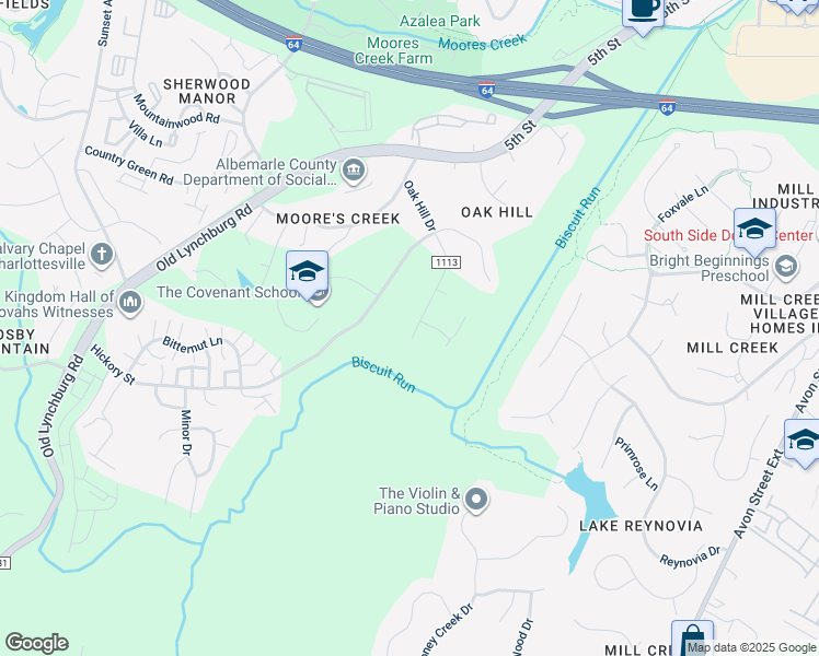 map of restaurants, bars, coffee shops, grocery stores, and more near 1216 Oak Hill Drive in Charlottesville