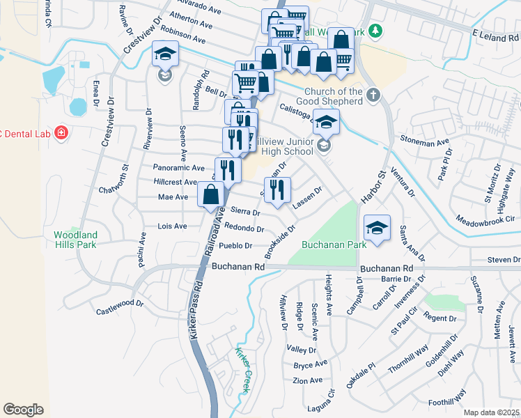map of restaurants, bars, coffee shops, grocery stores, and more near 203 Sierra Drive in Pittsburg