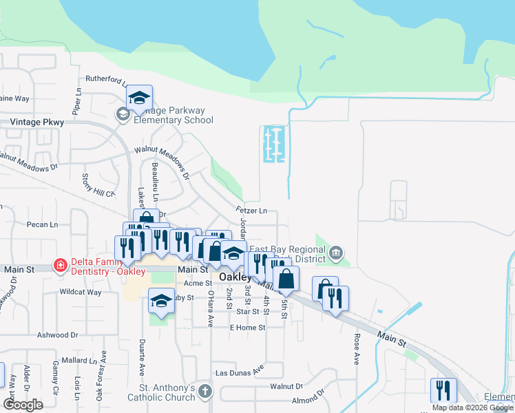 map of restaurants, bars, coffee shops, grocery stores, and more near 1218 Fetzer Lane in Oakley