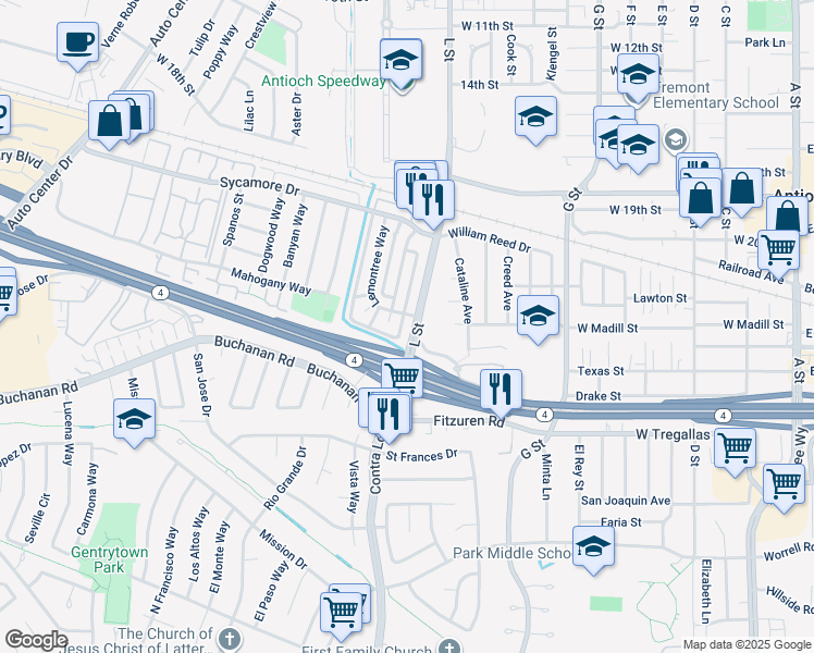 map of restaurants, bars, coffee shops, grocery stores, and more near 2408 L Street in Antioch