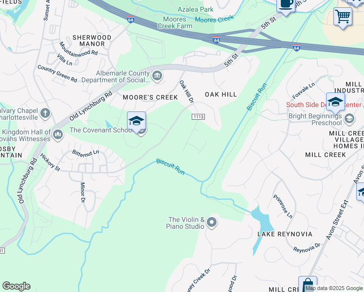 map of restaurants, bars, coffee shops, grocery stores, and more near 1216 Oak Hill Drive in Charlottesville