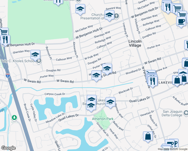 map of restaurants, bars, coffee shops, grocery stores, and more near 2008 West Rosecrans Way in Stockton