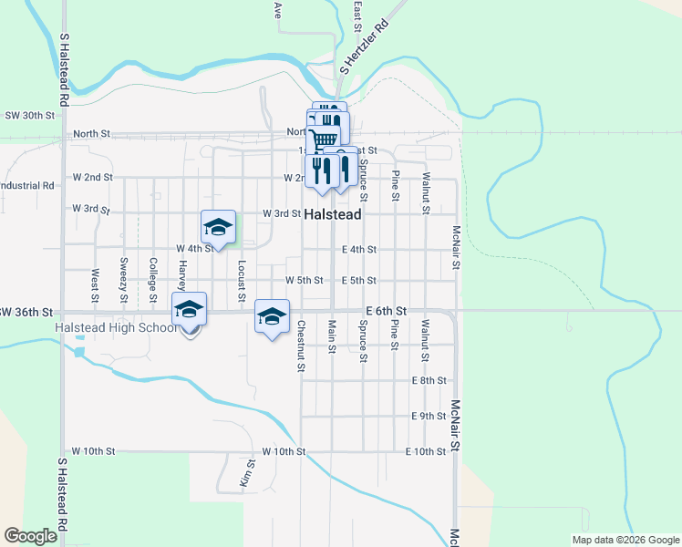 map of restaurants, bars, coffee shops, grocery stores, and more near 420 Main Street in Halstead