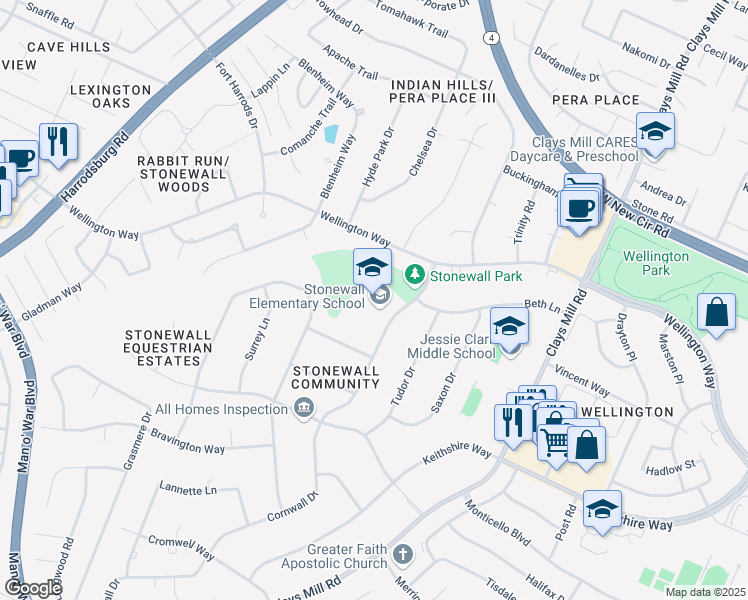 map of restaurants, bars, coffee shops, grocery stores, and more near 3215 Cornwall Drive in Lexington