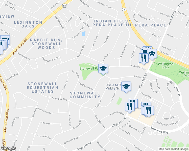 map of restaurants, bars, coffee shops, grocery stores, and more near 3215 Cornwall Drive in Lexington