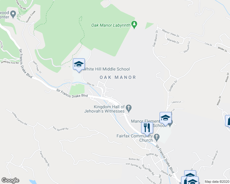 map of restaurants, bars, coffee shops, grocery stores, and more near 36 Wimbledon Lane in Fairfax