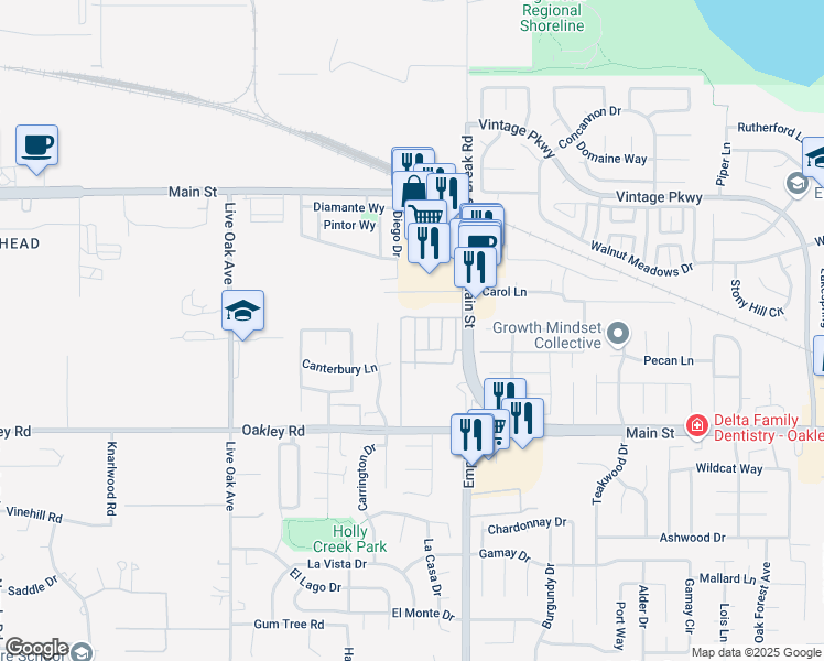 map of restaurants, bars, coffee shops, grocery stores, and more near 64 Oneida Street in Oakley