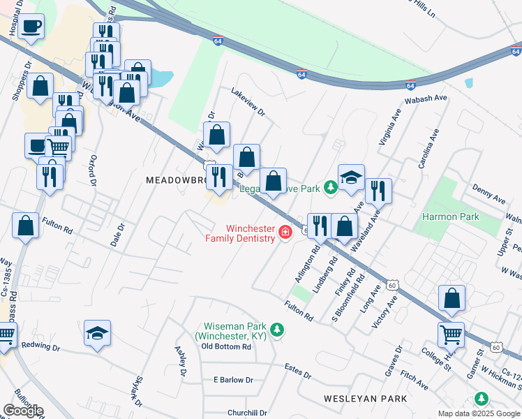map of restaurants, bars, coffee shops, grocery stores, and more near 1202 West Lexington Avenue in Winchester
