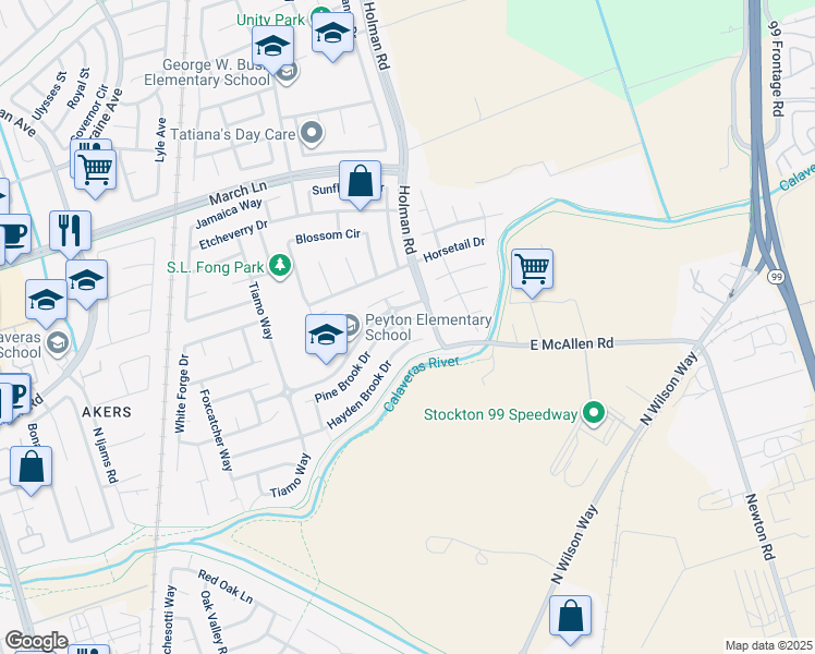 map of restaurants, bars, coffee shops, grocery stores, and more near 2810 Pine Brook Drive in Stockton