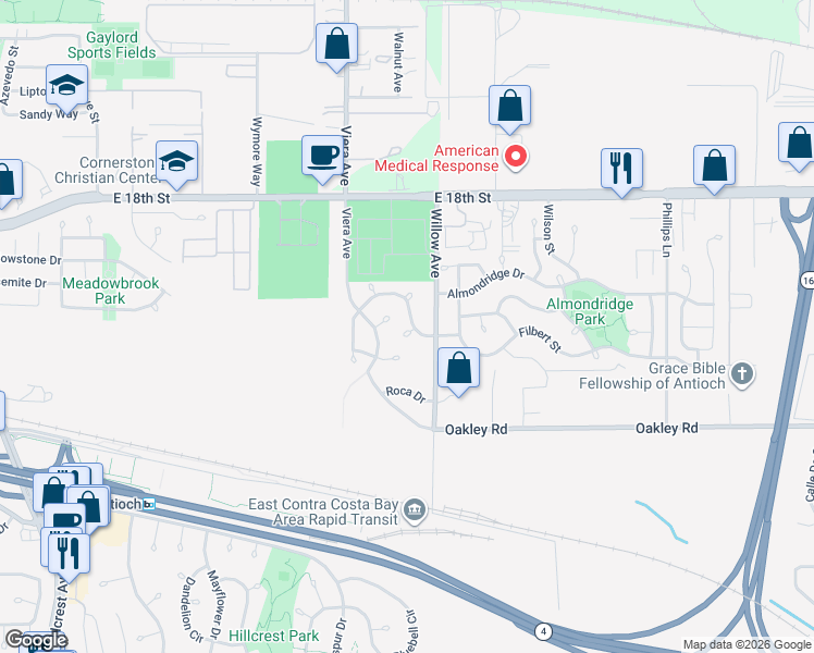 map of restaurants, bars, coffee shops, grocery stores, and more near 2520 Brazil Drive in Antioch