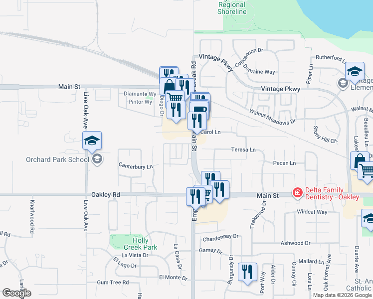 map of restaurants, bars, coffee shops, grocery stores, and more near 14 Geneseo Street in Oakley