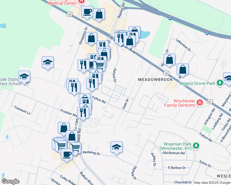 map of restaurants, bars, coffee shops, grocery stores, and more near 105 Gary Court in Winchester