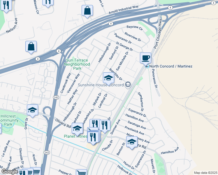 map of restaurants, bars, coffee shops, grocery stores, and more near 2448 Floyd Lane in Concord