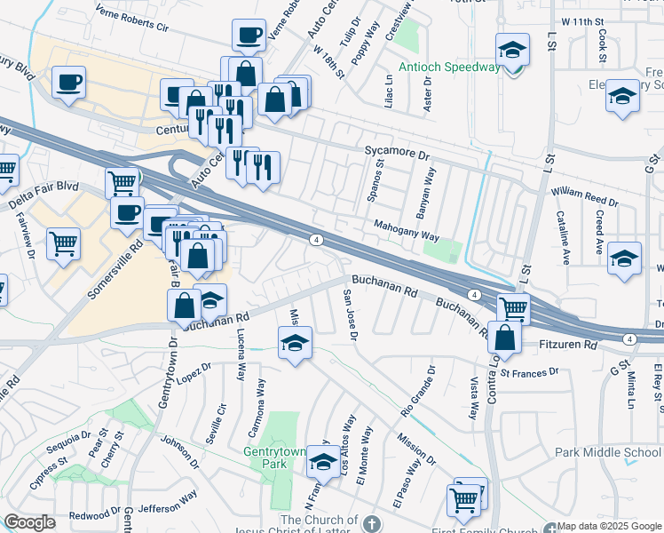 map of restaurants, bars, coffee shops, grocery stores, and more near 2613 Rutgers Lane in Antioch