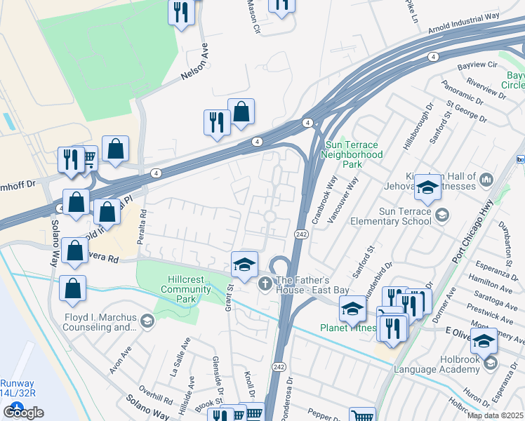 map of restaurants, bars, coffee shops, grocery stores, and more near 3530 Northwood Drive in Concord