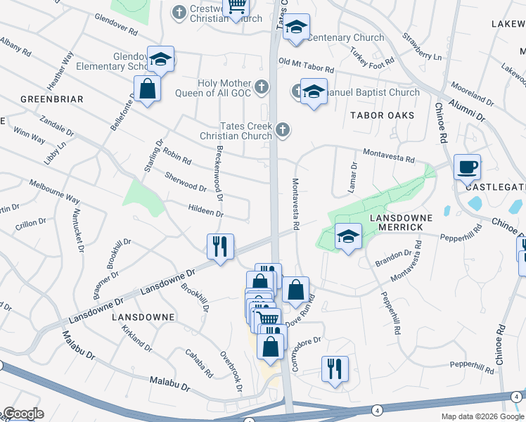 map of restaurants, bars, coffee shops, grocery stores, and more near 3217 Tates Creek Road in Lexington