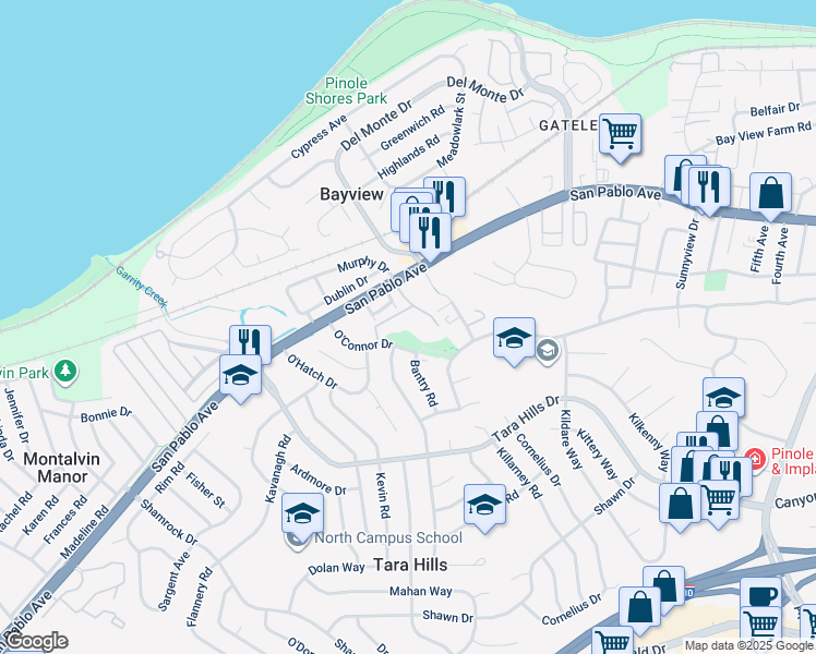 map of restaurants, bars, coffee shops, grocery stores, and more near 603 Waterford Place in Pinole