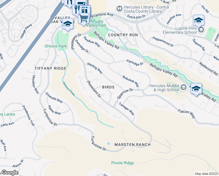 map of restaurants, bars, coffee shops, grocery stores, and more near 163 Cardinal Way in Hercules