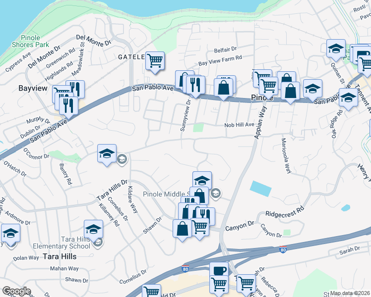 map of restaurants, bars, coffee shops, grocery stores, and more near 1121 Sunnyview Court in Pinole