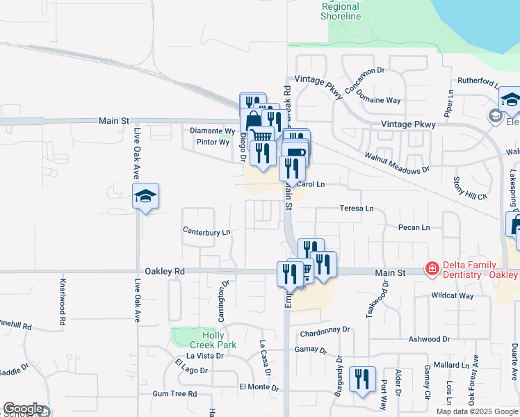 map of restaurants, bars, coffee shops, grocery stores, and more near 46 Cayuga Street in Oakley