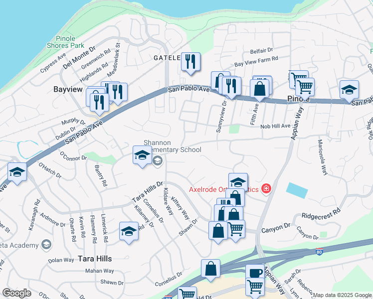 map of restaurants, bars, coffee shops, grocery stores, and more near 815 Marlesta Road in Pinole