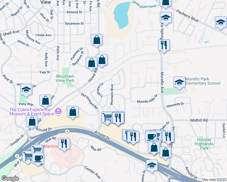 map of restaurants, bars, coffee shops, grocery stores, and more near 262 Crestview Avenue in Martinez