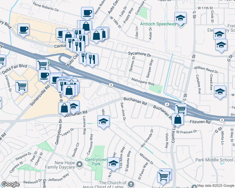 map of restaurants, bars, coffee shops, grocery stores, and more near 1810 San Jose Drive in Antioch