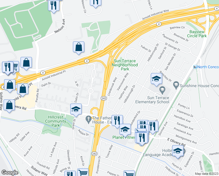 map of restaurants, bars, coffee shops, grocery stores, and more near 3526 Cranbrook Way in Concord