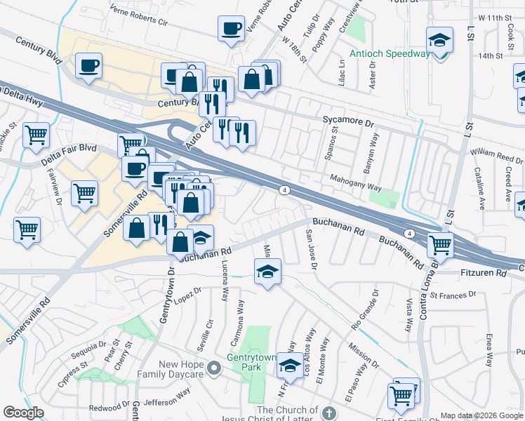 map of restaurants, bars, coffee shops, grocery stores, and more near 2005 San Jose Drive in Antioch