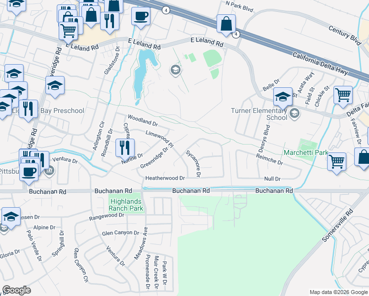 map of restaurants, bars, coffee shops, grocery stores, and more near 1904 Oakridge Lane in Pittsburg