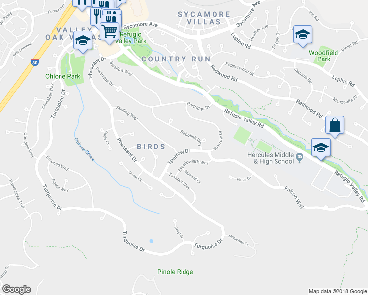 map of restaurants, bars, coffee shops, grocery stores, and more near 376 Sparrow Drive in Hercules