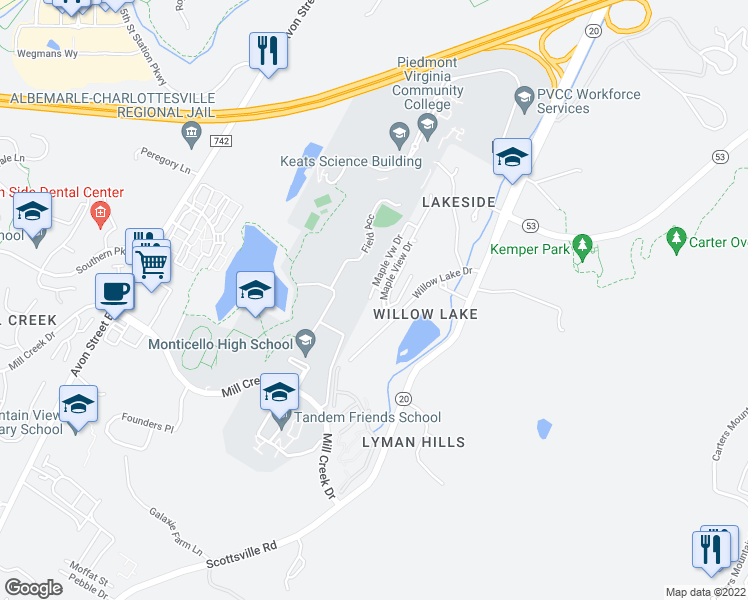 map of restaurants, bars, coffee shops, grocery stores, and more near 1292 Maple View Drive in Charlottesville
