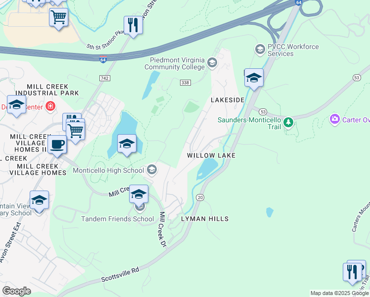 map of restaurants, bars, coffee shops, grocery stores, and more near 1292 Maple View Drive in Charlottesville