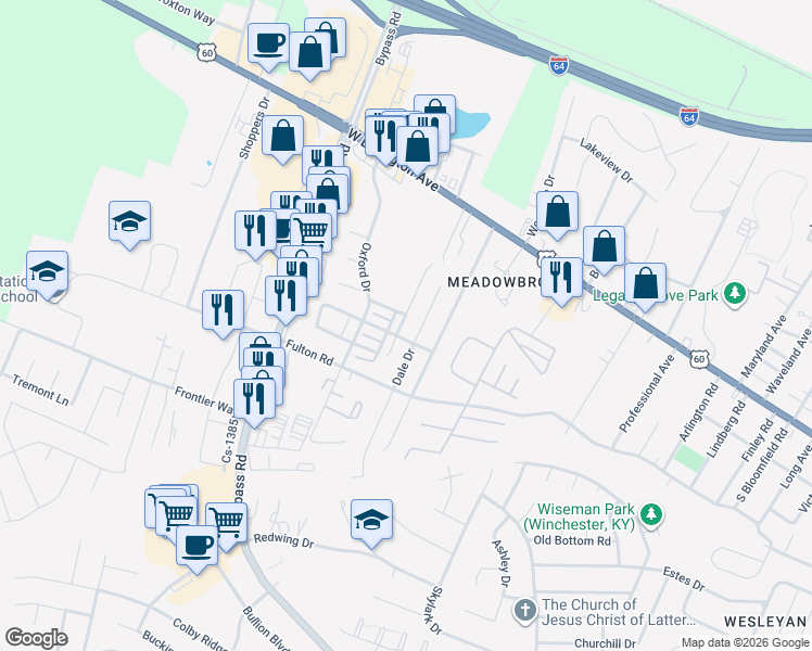 map of restaurants, bars, coffee shops, grocery stores, and more near 504 Cs-1383 in Winchester