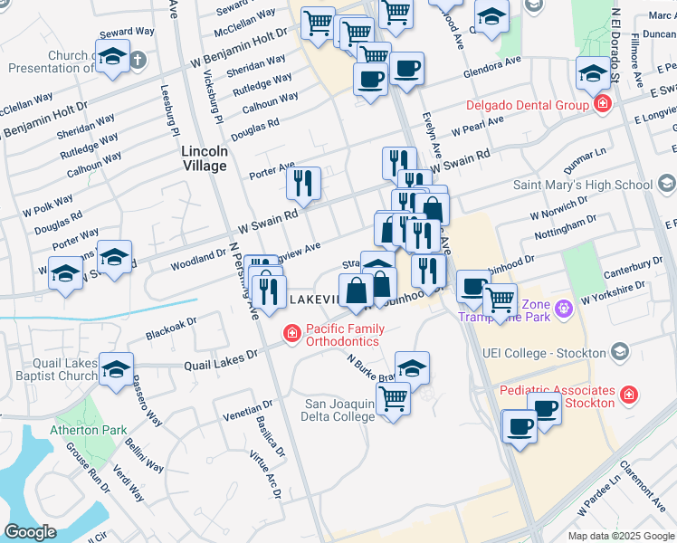 map of restaurants, bars, coffee shops, grocery stores, and more near 1150 Stratford Circle in Stockton