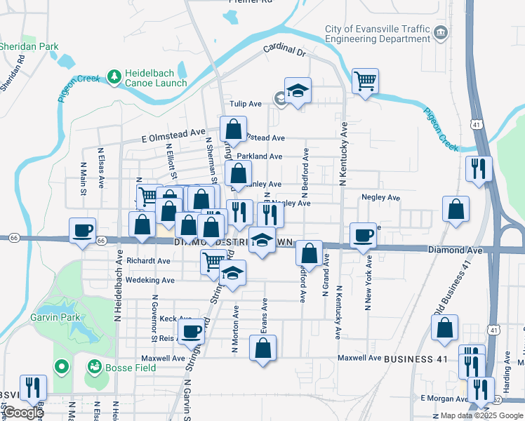 map of restaurants, bars, coffee shops, grocery stores, and more near 2462 North Evans Avenue in Evansville