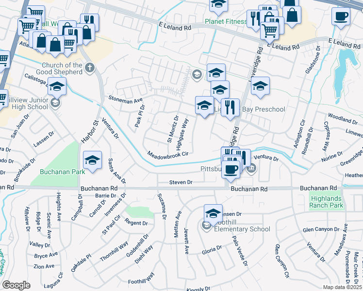 map of restaurants, bars, coffee shops, grocery stores, and more near 3931 Highgate Way in Pittsburg