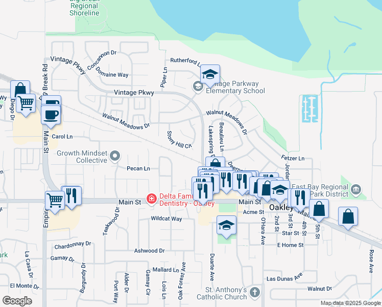 map of restaurants, bars, coffee shops, grocery stores, and more near 40 Stony Hill Court in Oakley