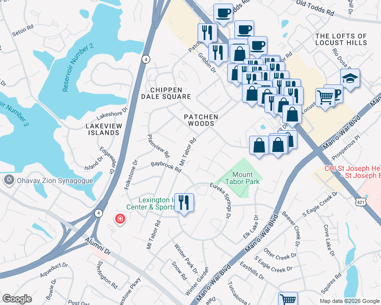 map of restaurants, bars, coffee shops, grocery stores, and more near 2813 Kasey Court in Lexington