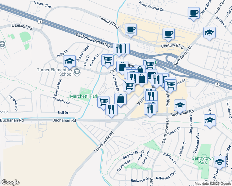 map of restaurants, bars, coffee shops, grocery stores, and more near 3509 Fairview Drive in Antioch