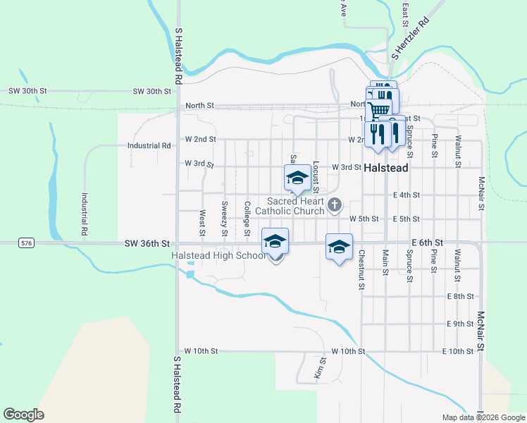 map of restaurants, bars, coffee shops, grocery stores, and more near 429 Harvey Street in Halstead