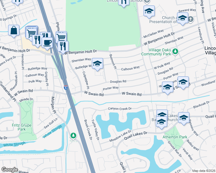map of restaurants, bars, coffee shops, grocery stores, and more near 2575 Porter Way in Stockton