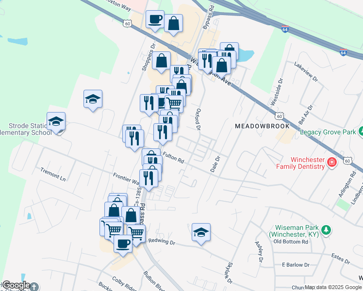 map of restaurants, bars, coffee shops, grocery stores, and more near 145 Strode Station Circle in Winchester