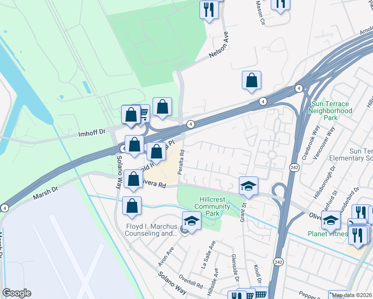 map of restaurants, bars, coffee shops, grocery stores, and more near 1023 Peralta Road in Concord