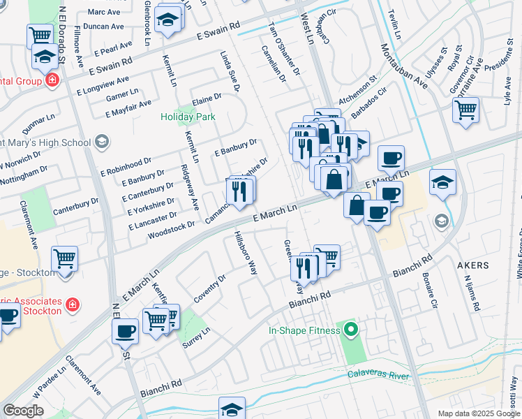 map of restaurants, bars, coffee shops, grocery stores, and more near 833 East March Lane in Stockton