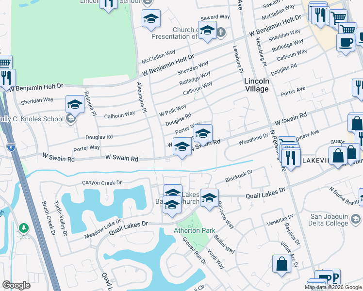 map of restaurants, bars, coffee shops, grocery stores, and more near 2008 West Rosecrans Way in Stockton