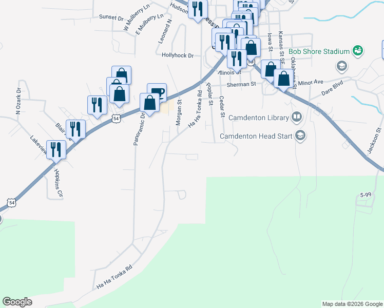 map of restaurants, bars, coffee shops, grocery stores, and more near 150 Tonka Street in Camdenton